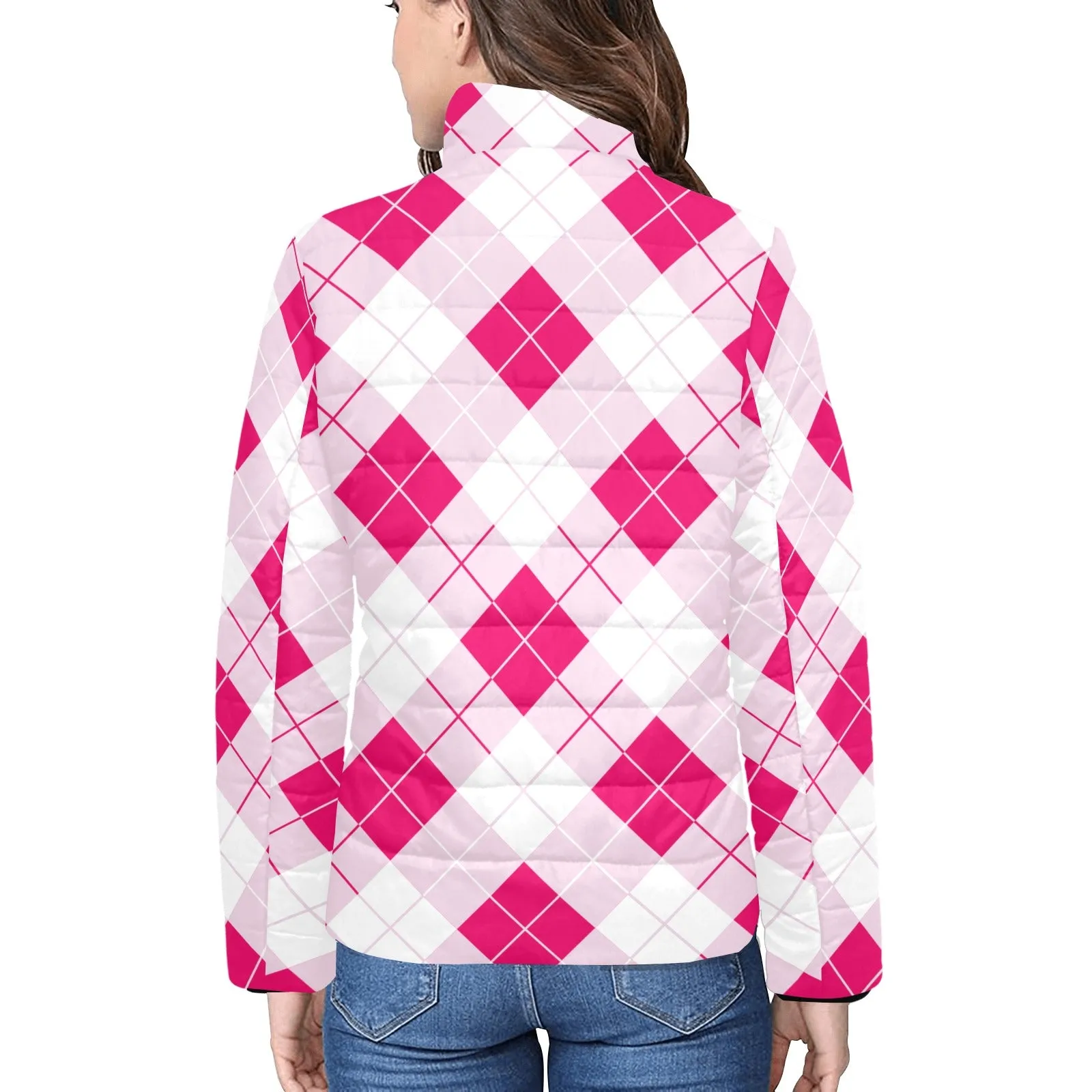 Innuendos of Pink Argyle Women's Stand Collar Padded Jacket