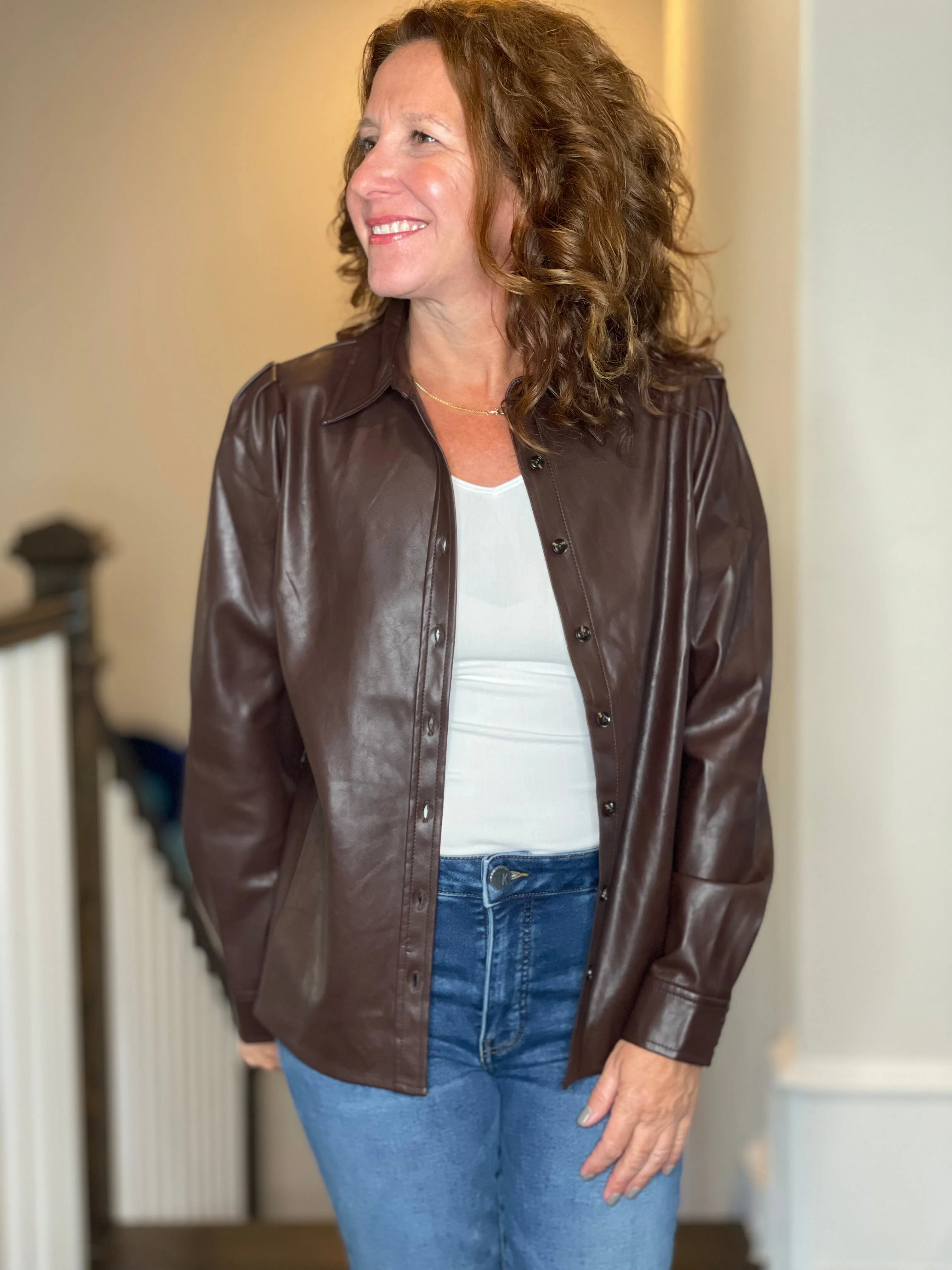 Kut from the Kloth Henrietta Vegan Leather Shirt in Chocolate