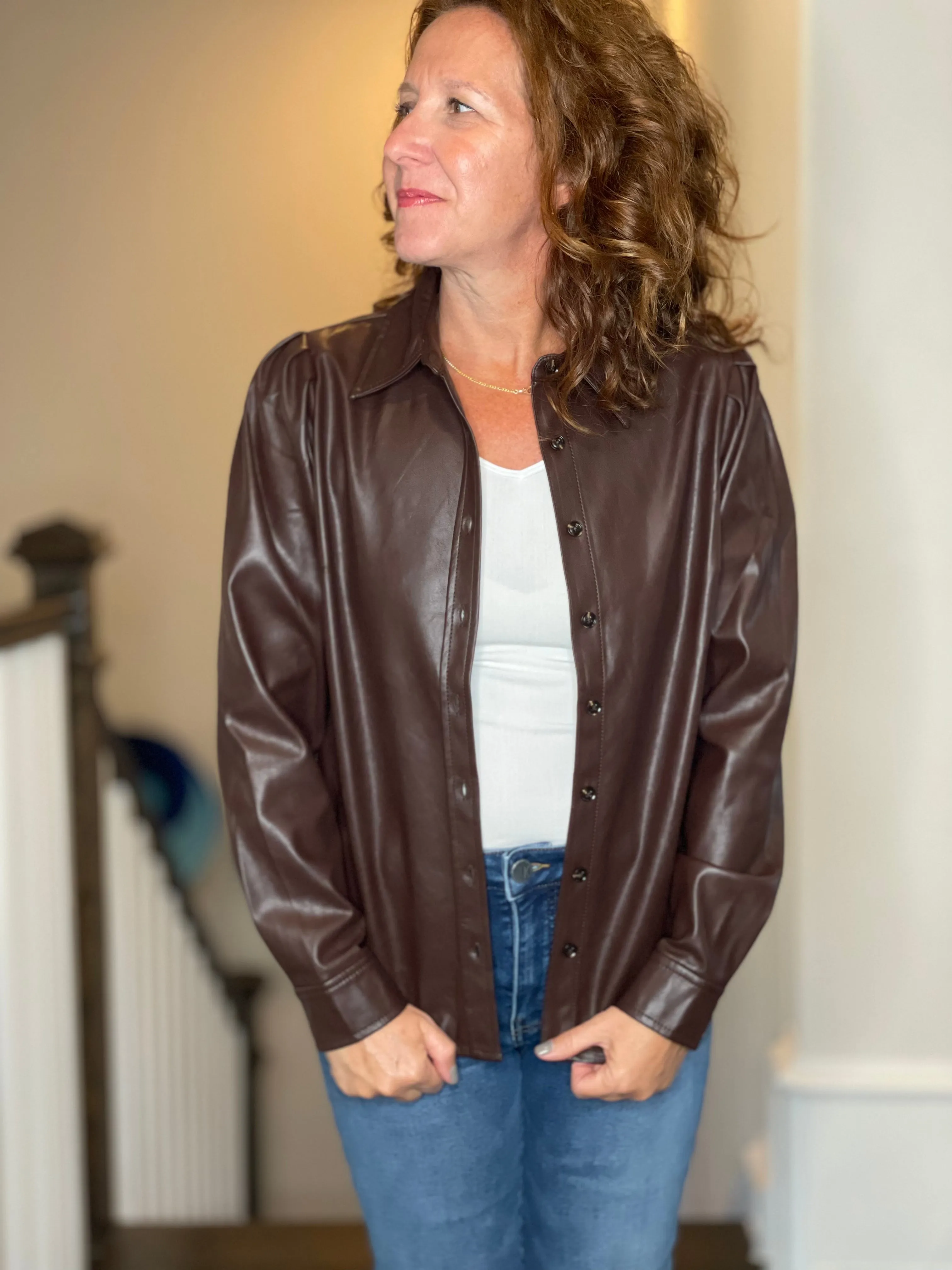 Kut from the Kloth Henrietta Vegan Leather Shirt in Chocolate