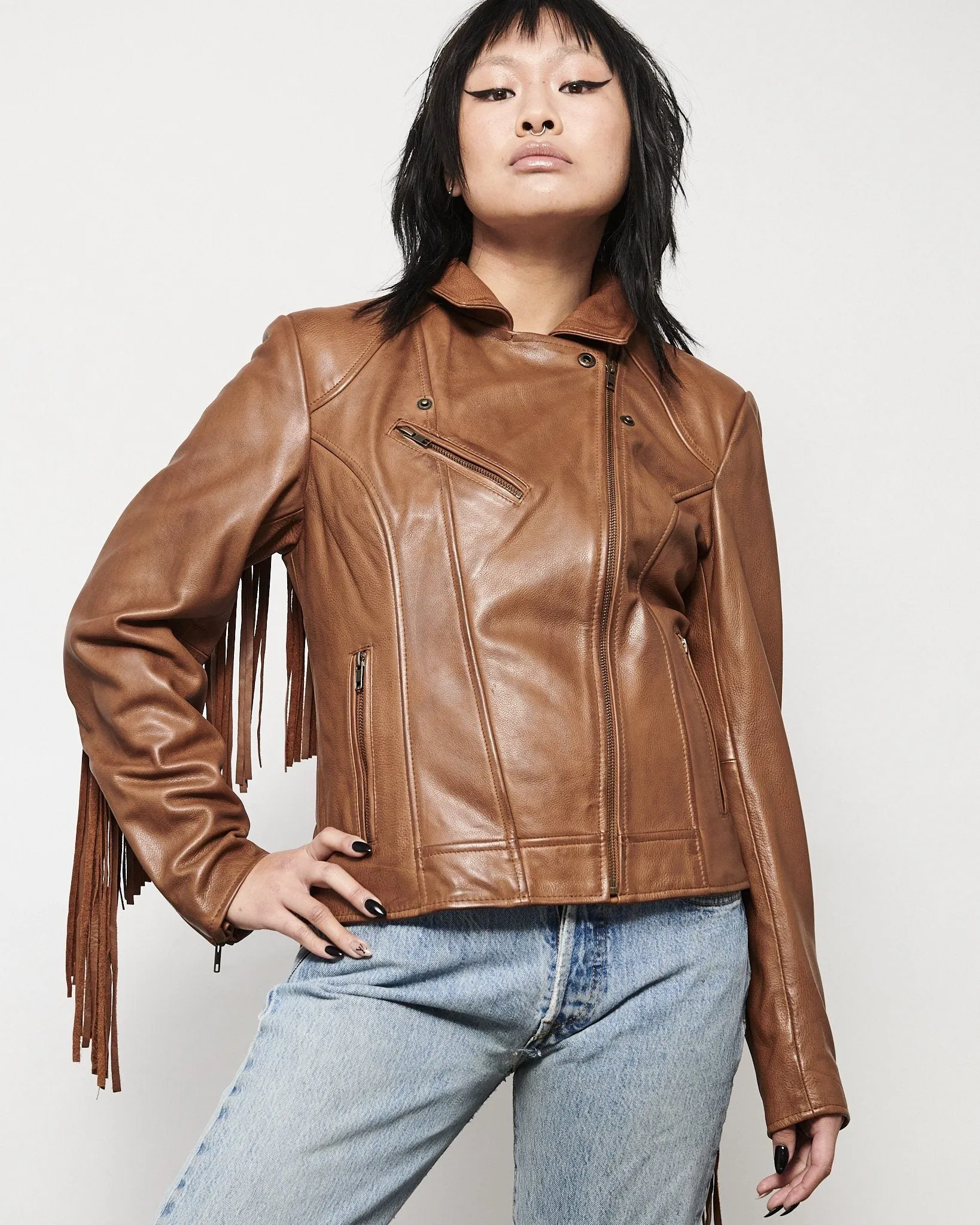 MODERN VICE FRINGE MOTO JACKET IN SADDLE BROWN