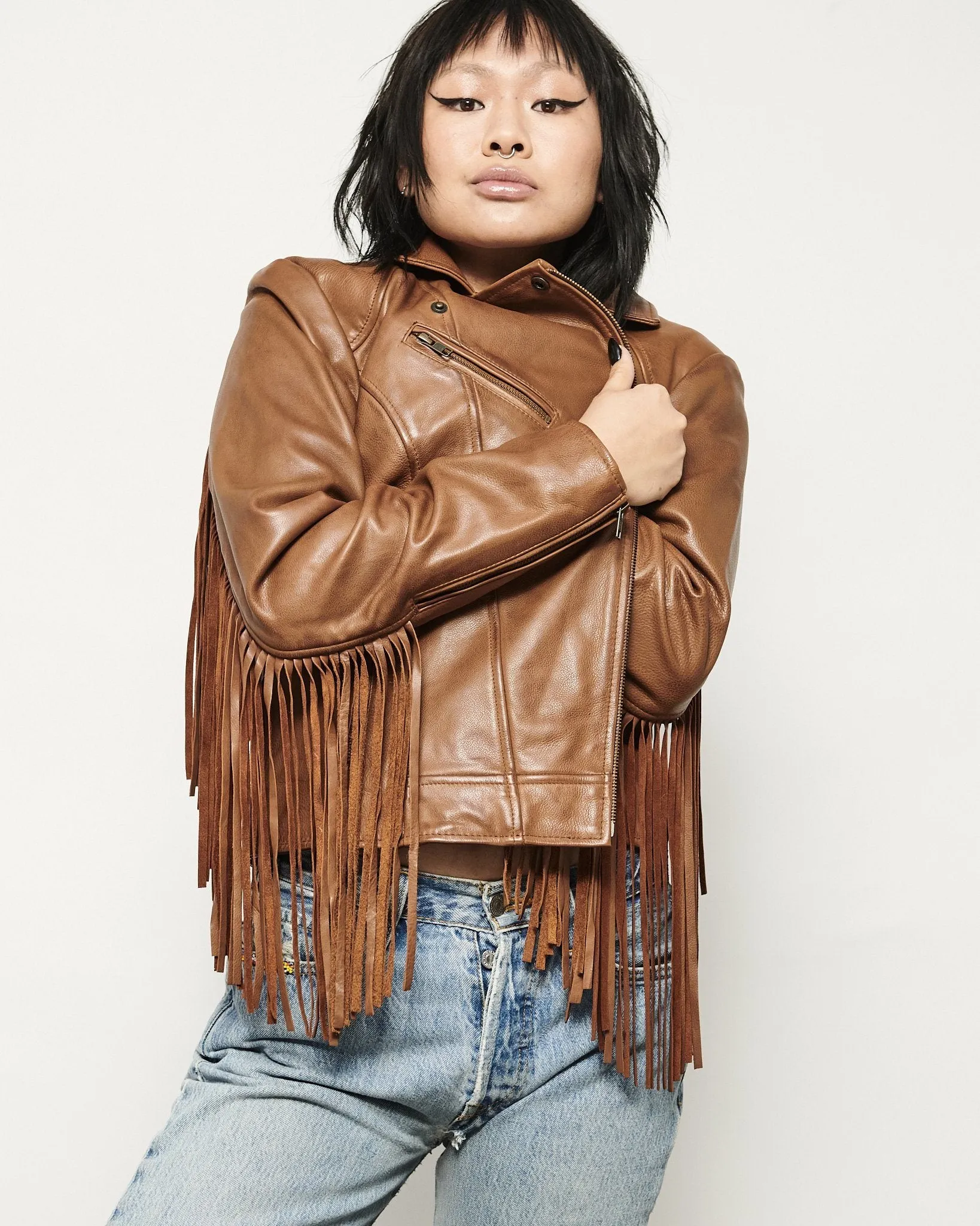 MODERN VICE FRINGE MOTO JACKET IN SADDLE BROWN