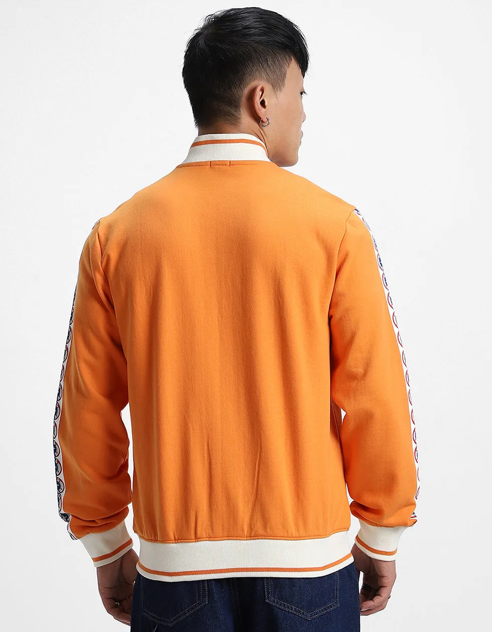 Orange Pocket Typographic Printed Varsity Jacket