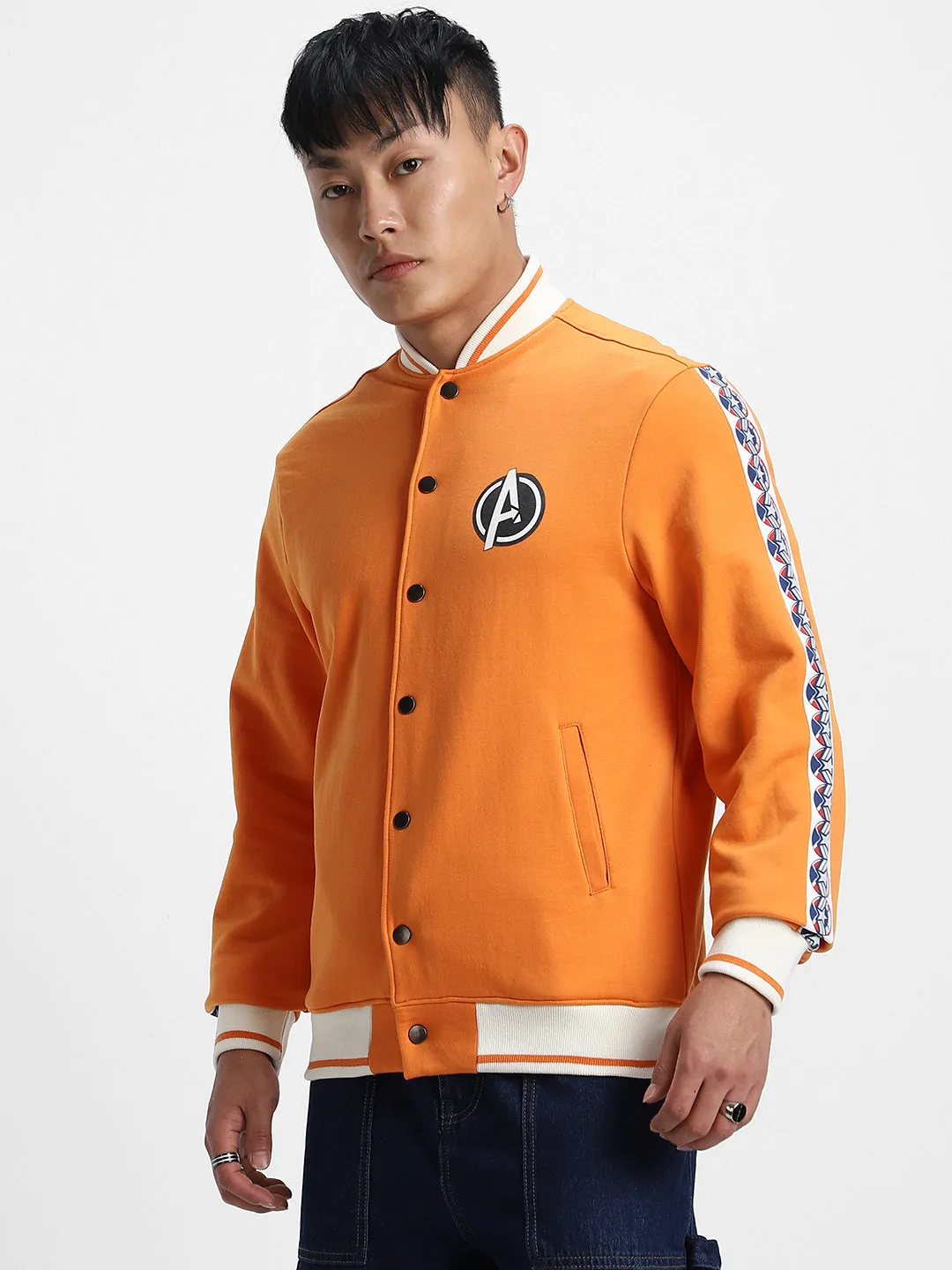 Orange Pocket Typographic Printed Varsity Jacket