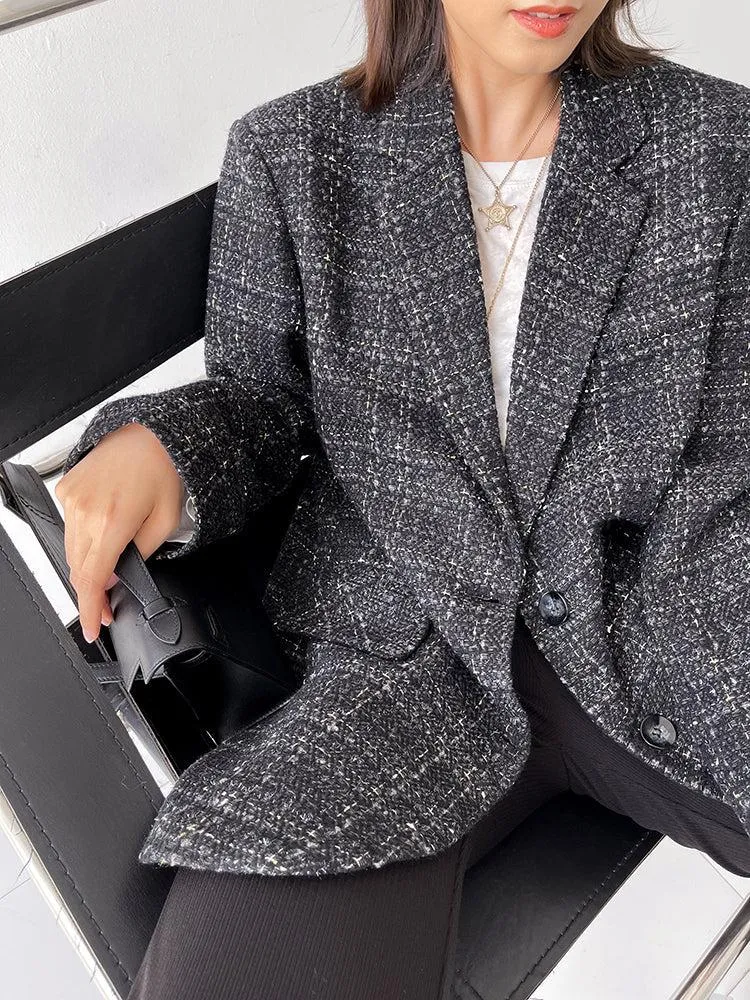 Oversize Black Tweed Blazer Suit Coat