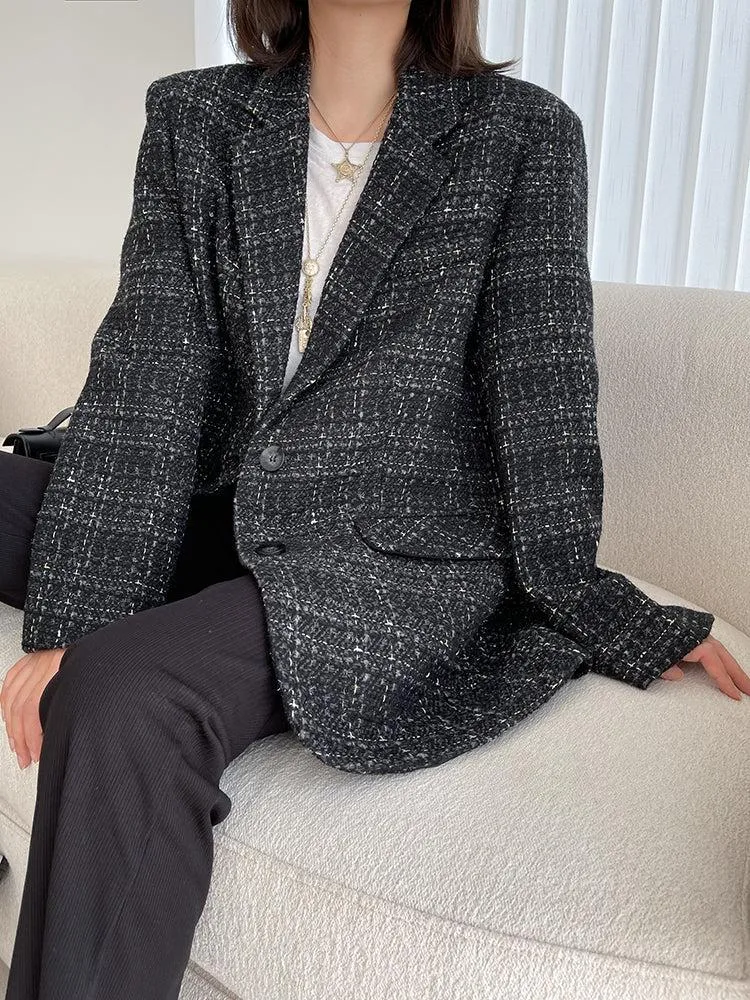 Oversize Black Tweed Blazer Suit Coat