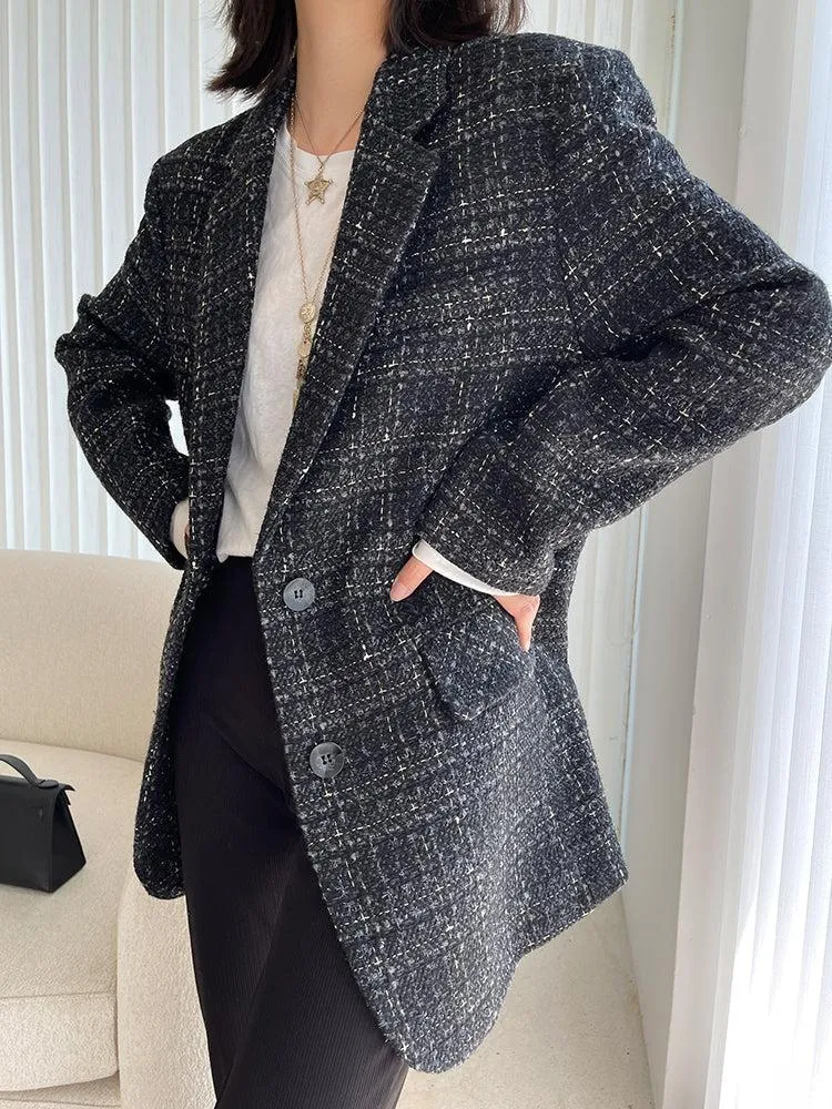 Oversize Black Tweed Blazer Suit Coat