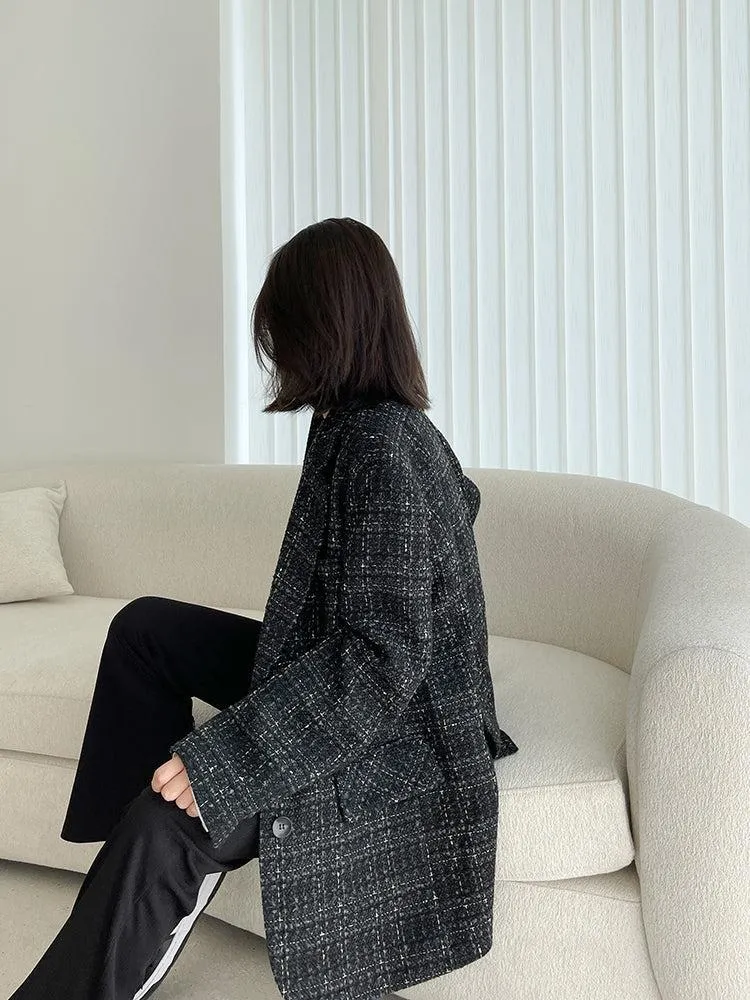 Oversize Black Tweed Blazer Suit Coat