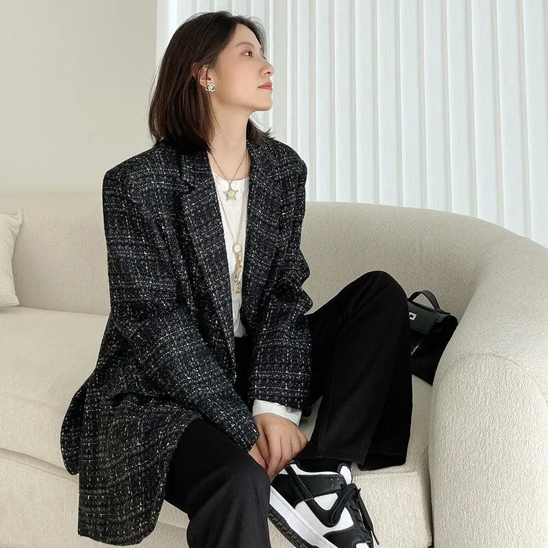 Oversize Black Tweed Blazer Suit Coat