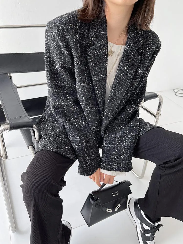 Oversize Black Tweed Blazer Suit Coat