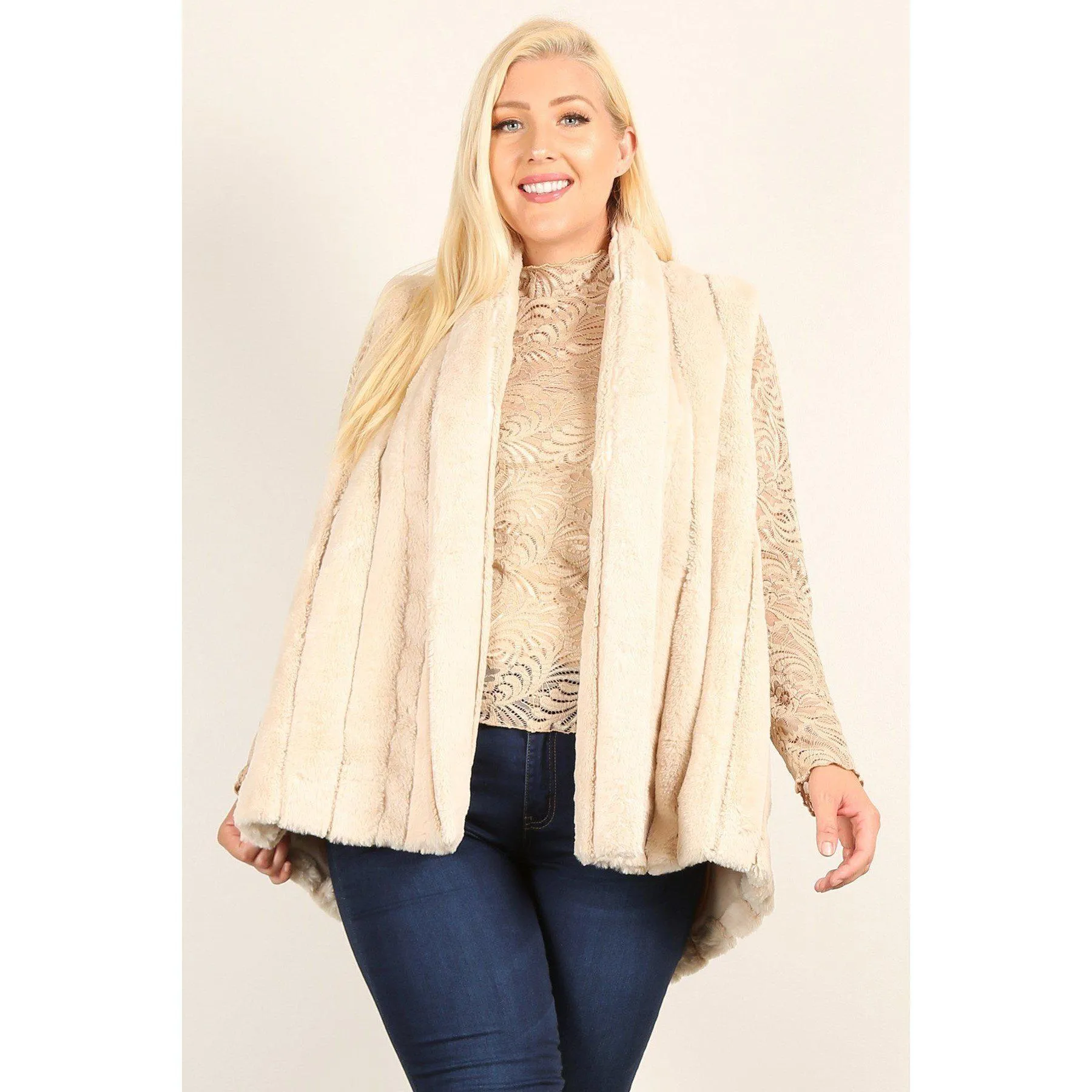 Plus Size Faux Fur Vest Jacket With Open Front, Hi-lo Hem, And Pockets