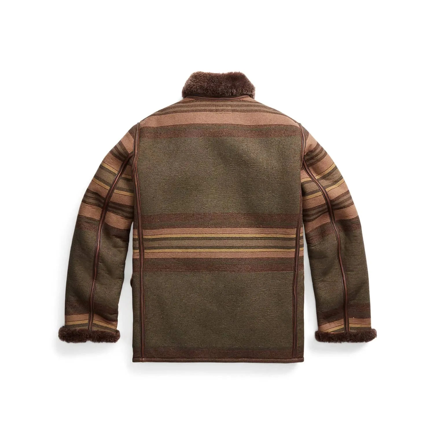 RRL Shearling-Lined Striped Woven Peacoat Grey/Brown Multi FINAL SALE