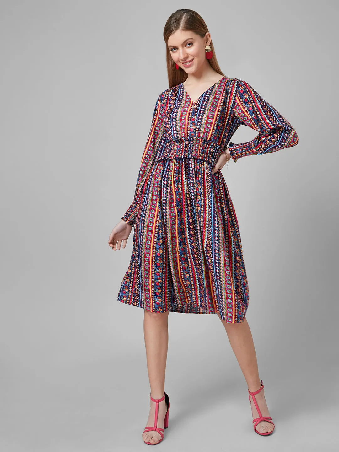 Style Quotient Women  Multi Tribal Printed Rayon Fit And Flare Smart Casual Dress