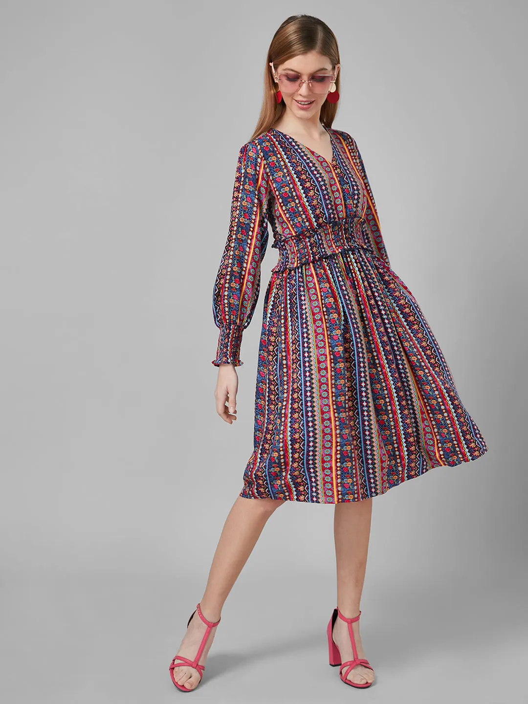 Style Quotient Women  Multi Tribal Printed Rayon Fit And Flare Smart Casual Dress