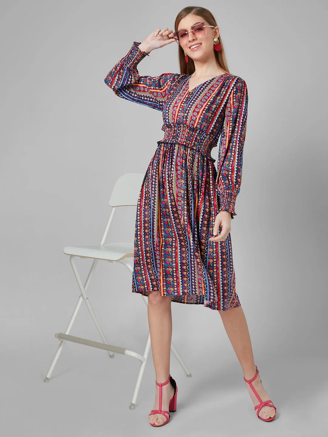 Style Quotient Women  Multi Tribal Printed Rayon Fit And Flare Smart Casual Dress