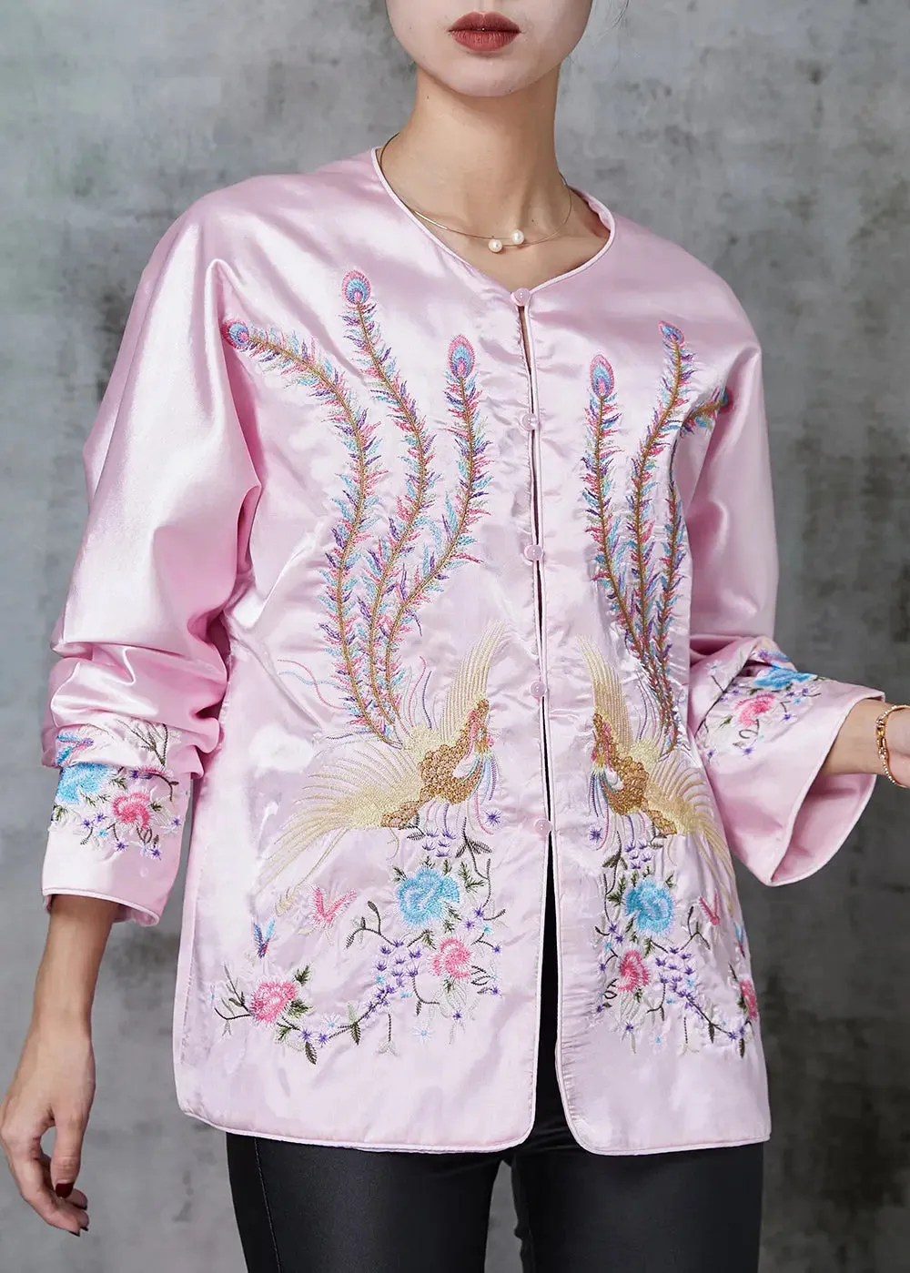 Stylish Pink Embroidered Pockets Silk Jacket Spring JK1039