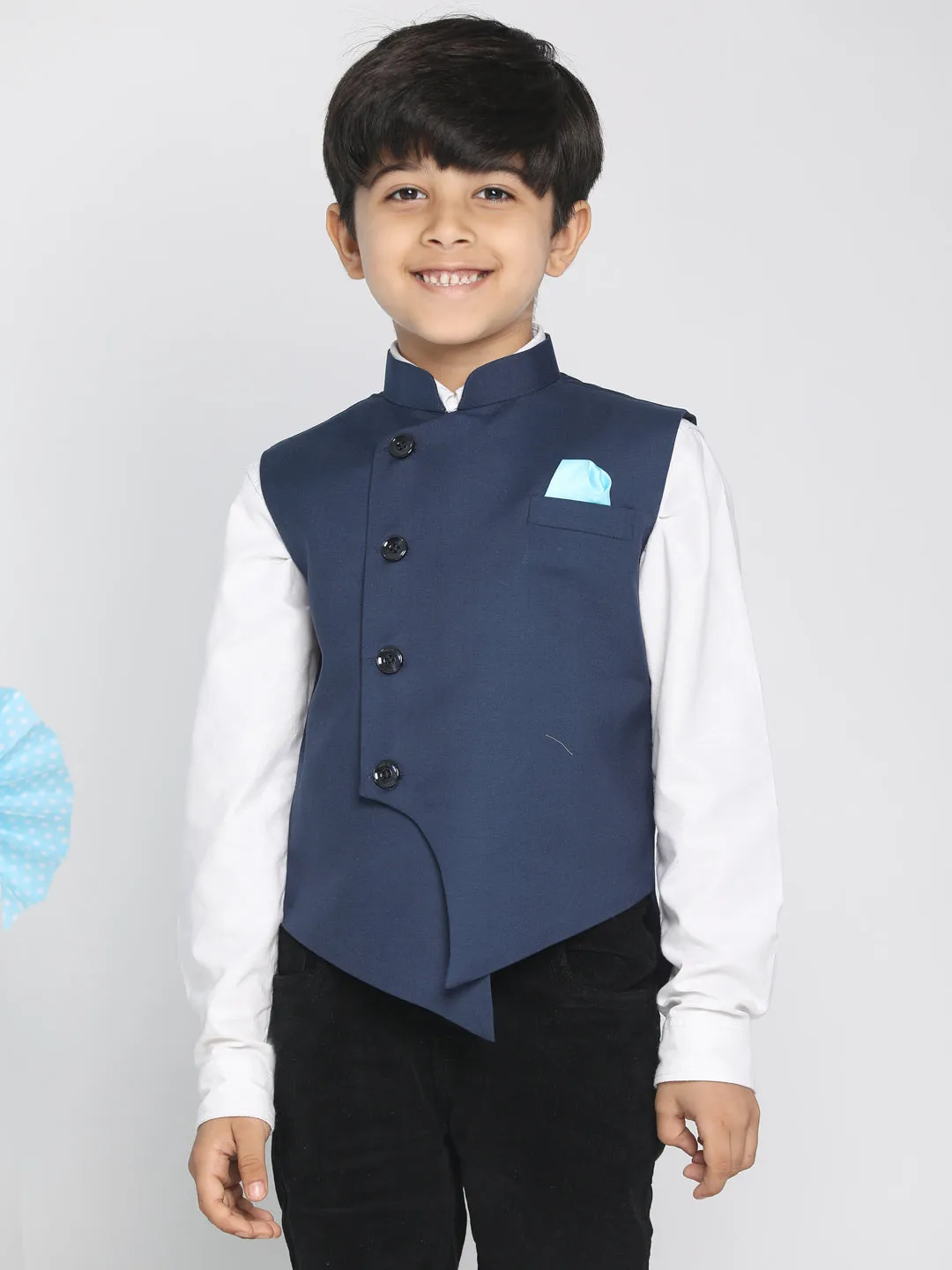 Vastramay Boy's Blue Cotton Blend Twill Nehru Jacket