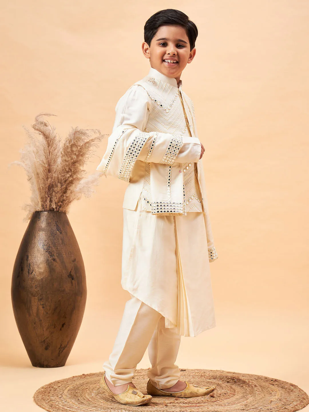 VASTRAMAY Boy's Cream Mirror Work Jacket And Pleated Kurta Pyjama Set With Ethnic Dupatta