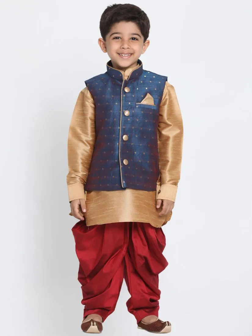 Vastramay Boy's Deep Blue Cotton Silk Blend Ethnic Jacket, Rose Gold Kurta and Maroon Dhoti Pant Set