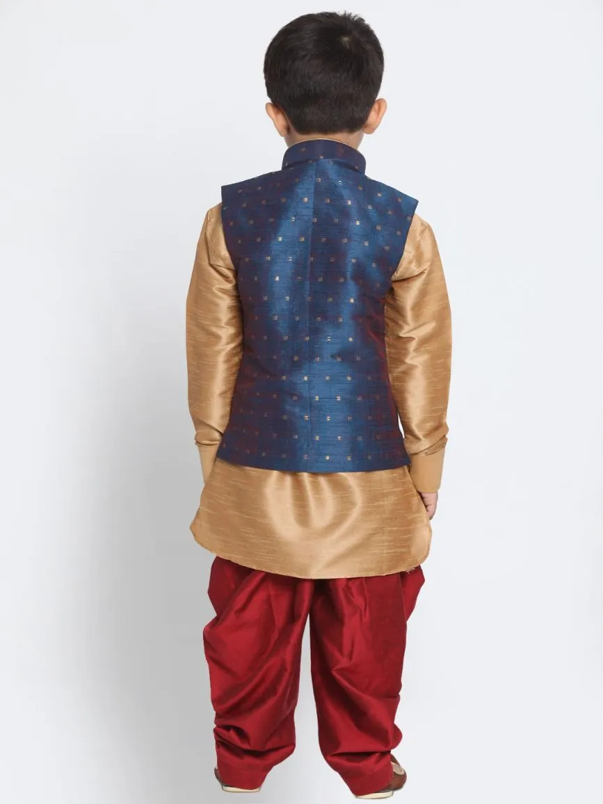 Vastramay Boy's Deep Blue Cotton Silk Blend Ethnic Jacket, Rose Gold Kurta and Maroon Dhoti Pant Set