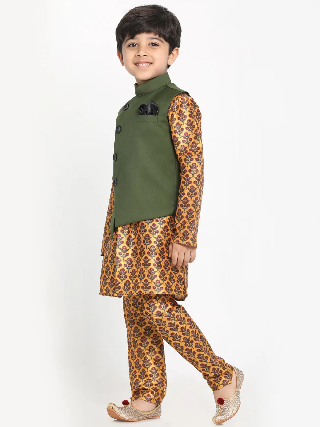 Vastramay Boy's Green Twill Jacket, Printed Kurta and Pyjama Set