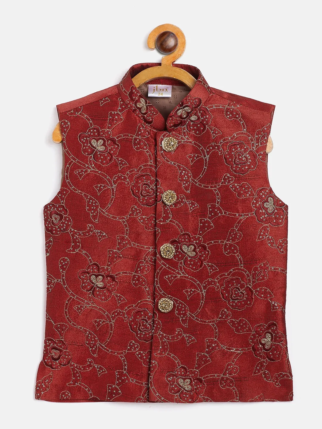 Vastramay Boy's Maroon Silk Blend Embroidered Nehru Jacket