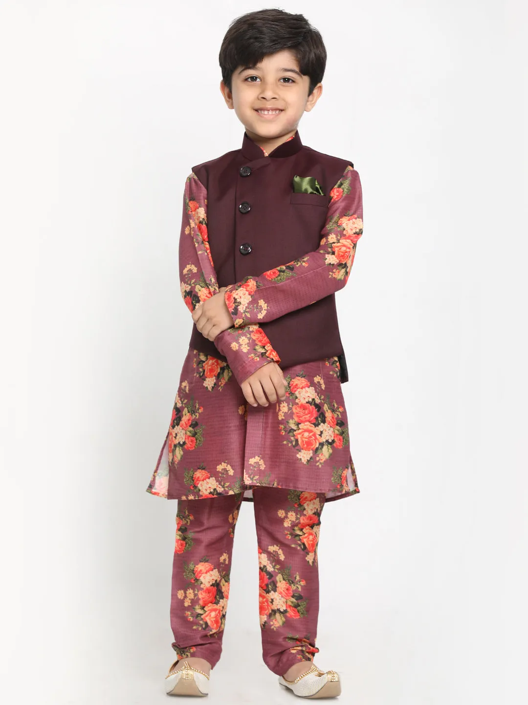 Vastramay Boy's Maroon Twill Jacket, Printed Kurta and Pyjama Set