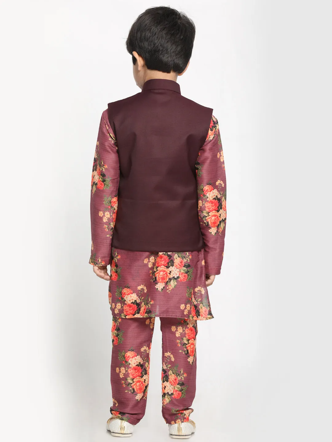 Vastramay Boy's Maroon Twill Jacket, Printed Kurta and Pyjama Set