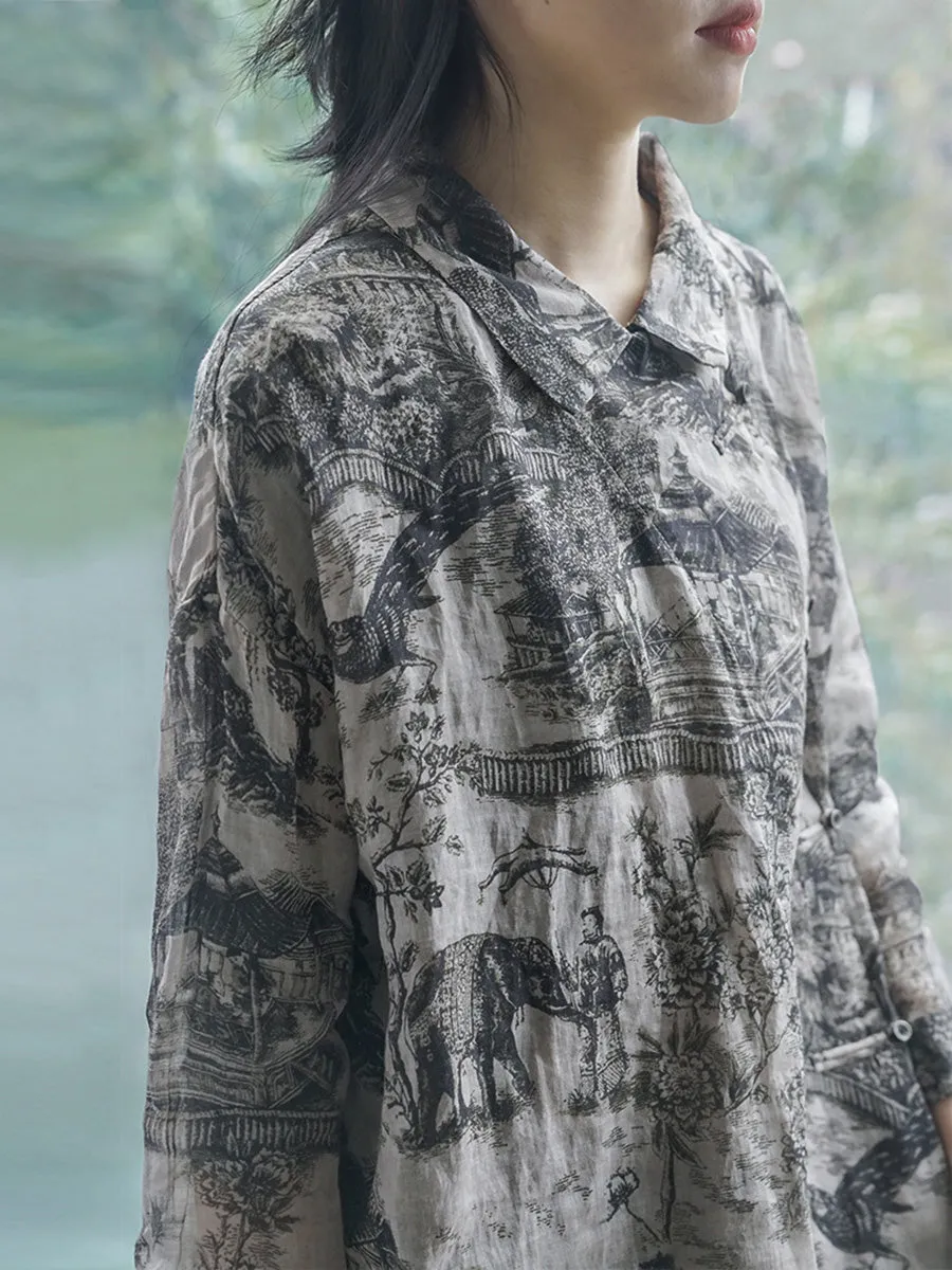 Vintage Floral Ramie Autumn Women Loose Shirt