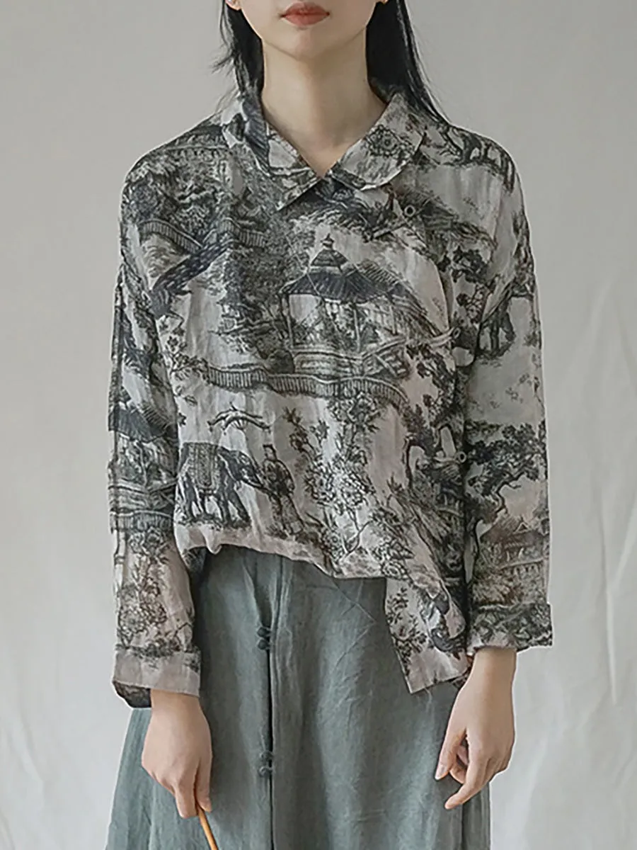 Vintage Floral Ramie Autumn Women Loose Shirt