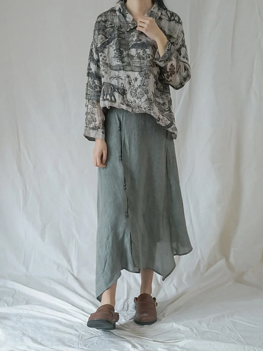 Vintage Floral Ramie Autumn Women Loose Shirt